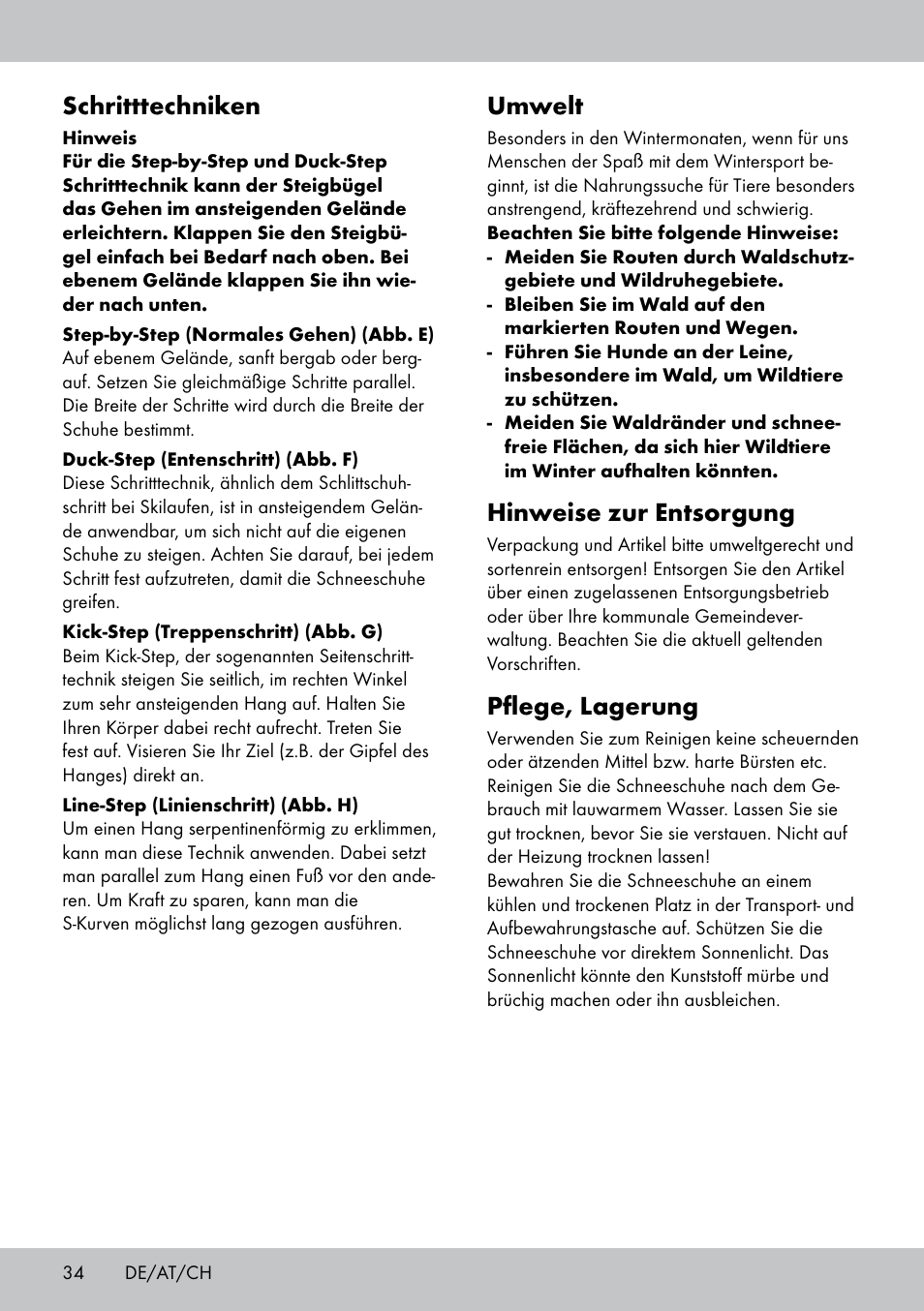 Umwelt, Hinweise zur entsorgung, Pflege, lagerung | Schritttechniken | Crivit SN-1531 User Manual | Page 34 / 36