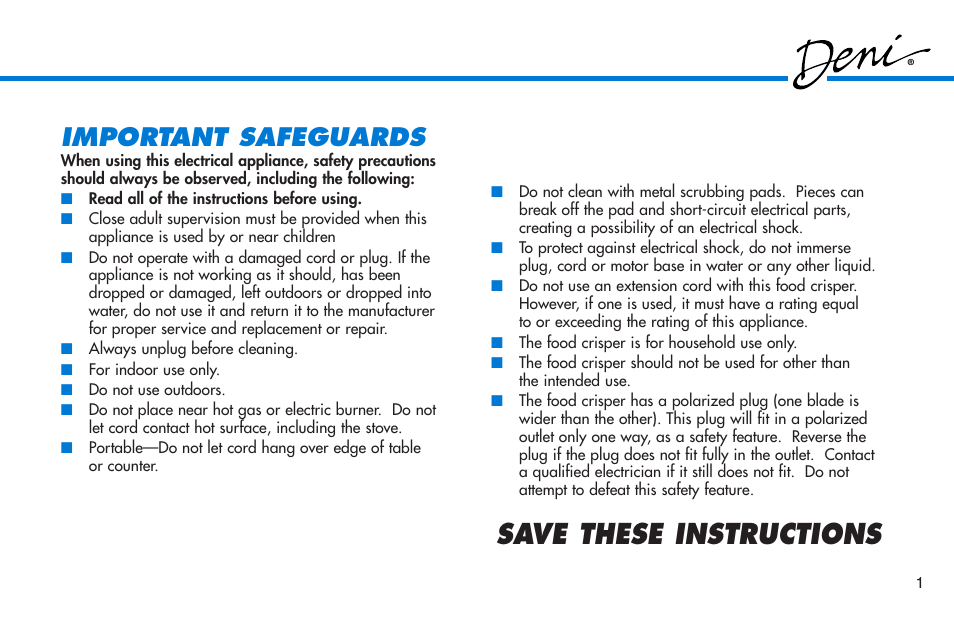 Save these instructions, Important safeguards | Deni 7800 User Manual | Page 2 / 4
