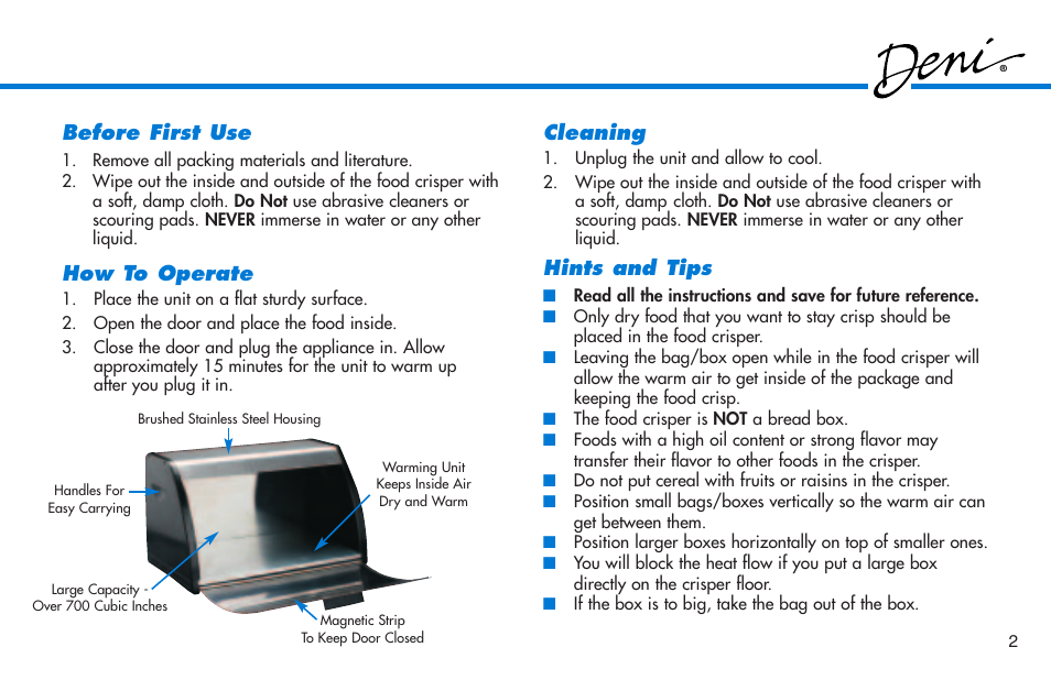 Before first use, How to operate, Cleaning | Hints and tips | Deni 7800 User Manual | Page 3 / 4