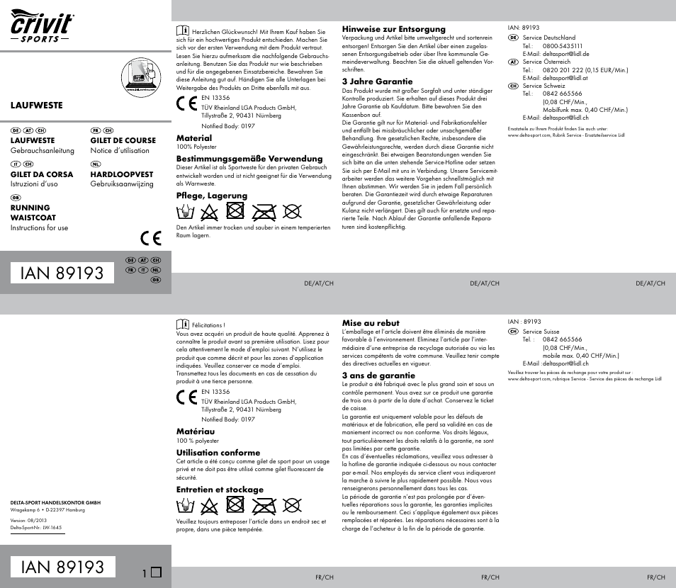 Crivit Running Belt \ Running Waistcoat User Manual | 2 pages