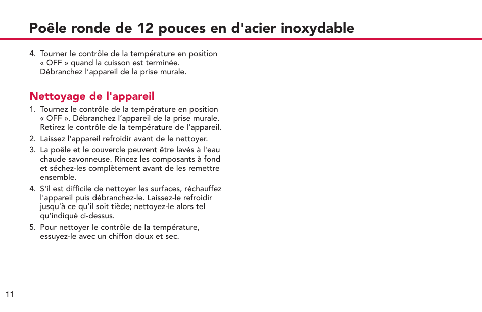 Poêle ronde de 12 pouces en d'acier inoxydable, Nettoyage de l'appareil | Deni 8275 User Manual | Page 12 / 24