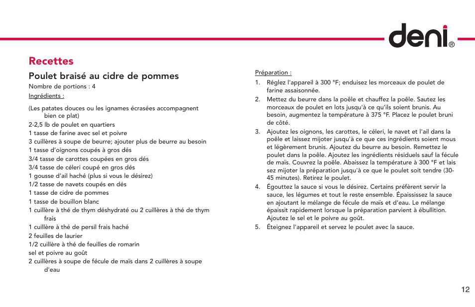 Recettes, Poulet braisé au cidre de pommes | Deni 8275 User Manual | Page 13 / 24