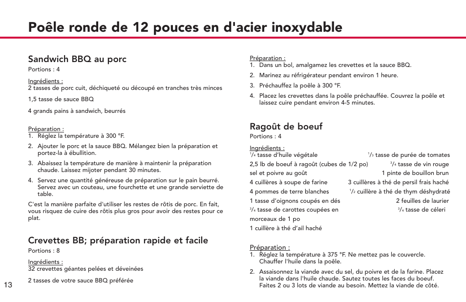 Poêle ronde de 12 pouces en d'acier inoxydable, Sandwich bbq au porc, Crevettes bb; préparation rapide et facile | Ragoût de boeuf | Deni 8275 User Manual | Page 14 / 24