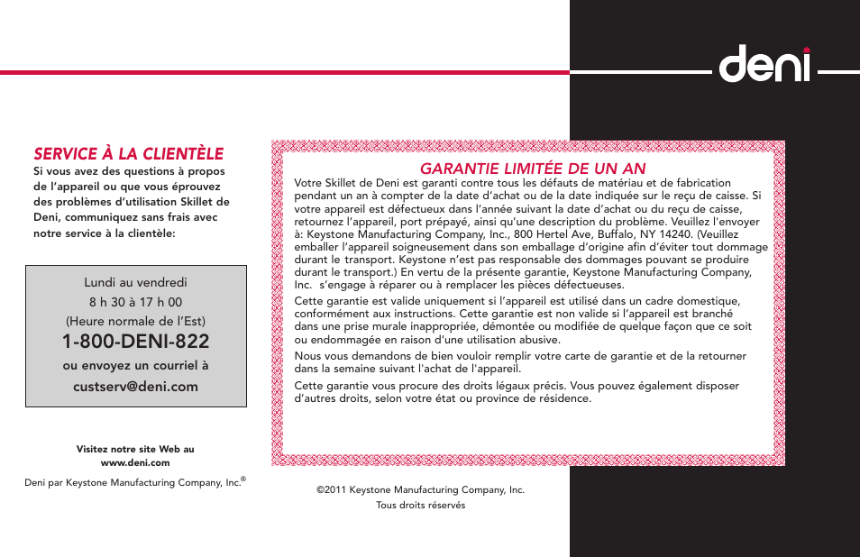 Service à la clientèle, Garantie limitée de un an | Deni 8275 User Manual | Page 16 / 24