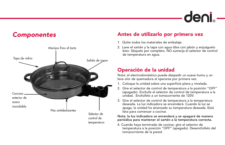 Componentes, Antes de utilizarlo por primera vez, Operación de la unidad | Deni 8275 User Manual | Page 19 / 24