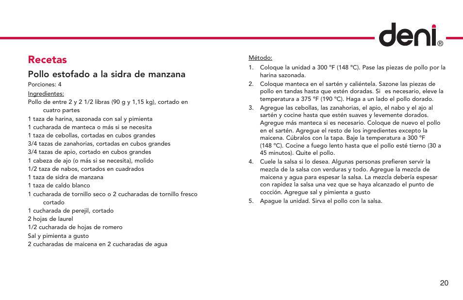 Recetas, Pollo estofado a la sidra de manzana | Deni 8275 User Manual | Page 21 / 24