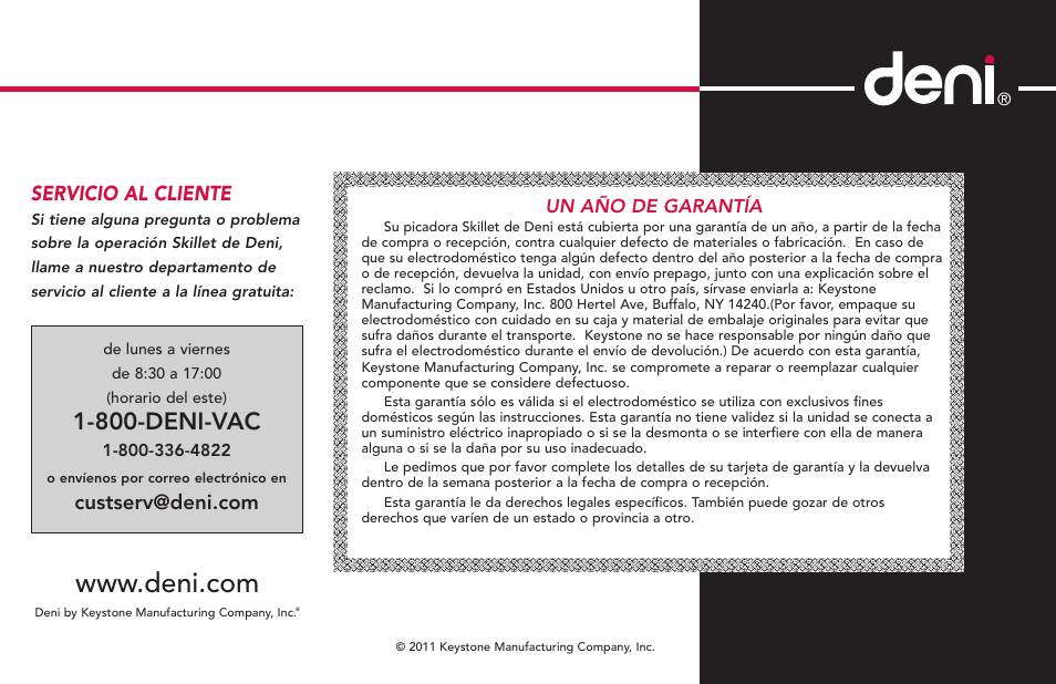 800-deni-vac, Servicio al cliente | Deni 8275 User Manual | Page 24 / 24