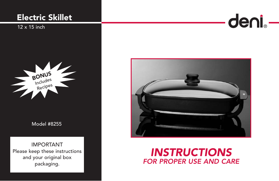 Deni Electric Skillet 8255 User Manual | 8 pages