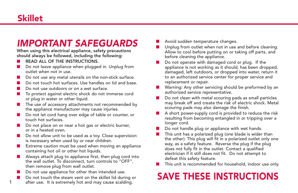 Important safeguards, Save these instructions, Skillet | Deni Electric Skillet 8255 User Manual | Page 2 / 8