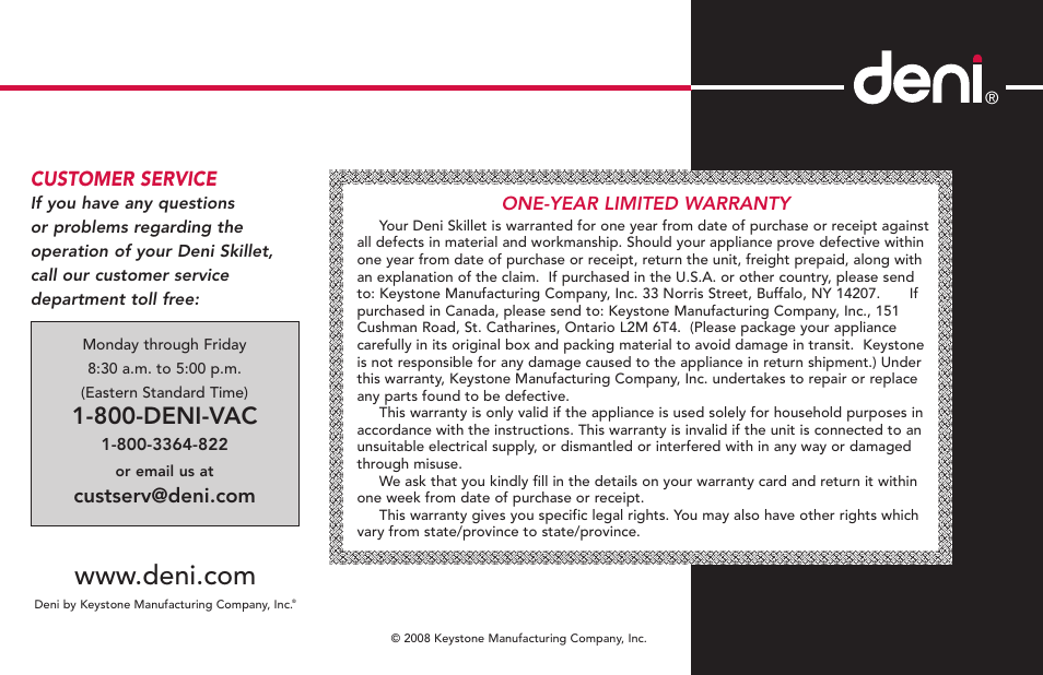 800-deni-vac, Customer service | Deni Electric Skillet 8255 User Manual | Page 8 / 8