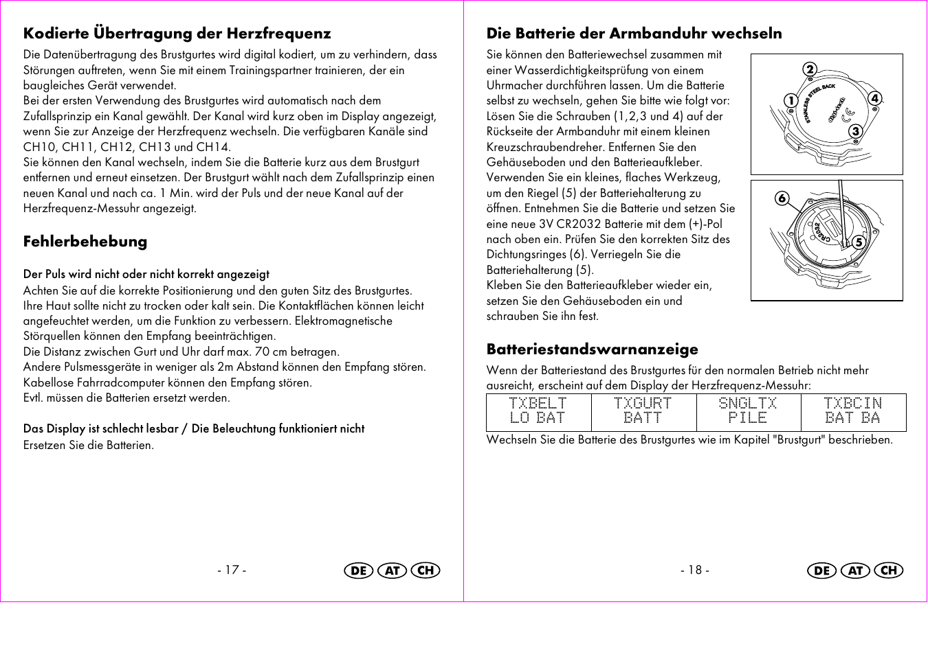 Kodierte übertragung der herzfrequenz, Fehlerbehebung, Die batterie der armbanduhr wechseln | Batteriestandswarnanzeige | Crivit 1-LD3473 User Manual | Page 10 / 48