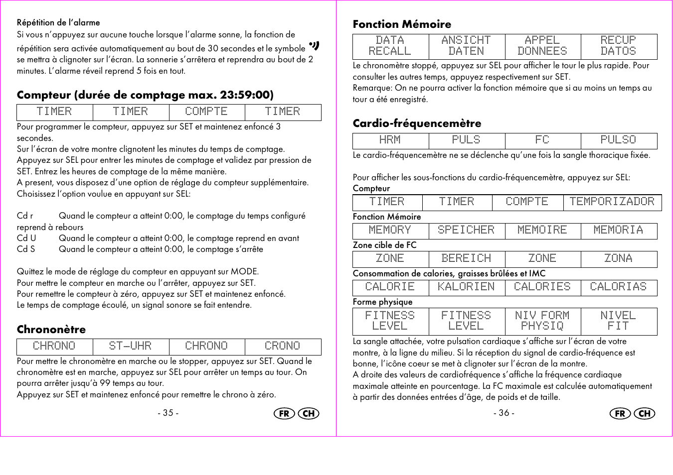 Chrononètre, Fonction mémoire, Cardio-fréquencemètre | Crivit 1-LD3473 User Manual | Page 19 / 48