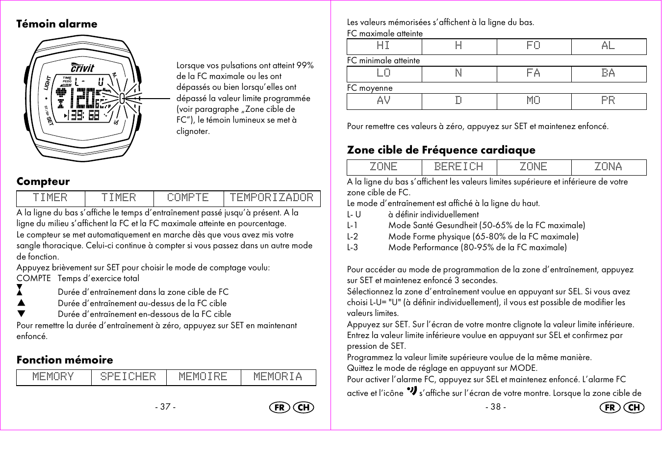 Témoin alarme, Compteur, Fonction mémoire | Zone cible de fréquence cardiaque | Crivit 1-LD3473 User Manual | Page 20 / 48
