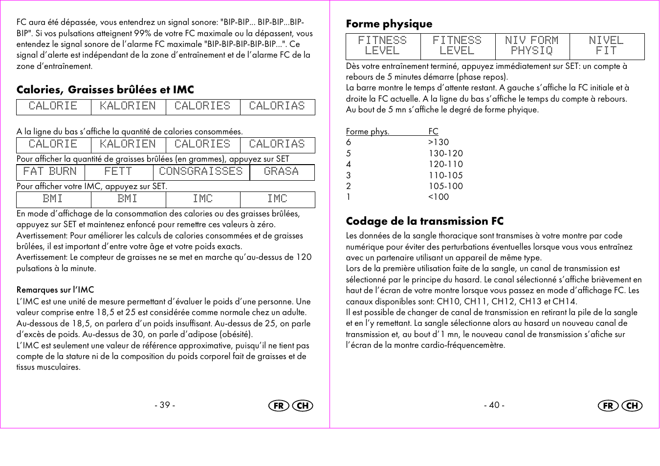 Calories, graisses brûlées et imc, Forme physique, Codage de la transmission fc | Crivit 1-LD3473 User Manual | Page 21 / 48