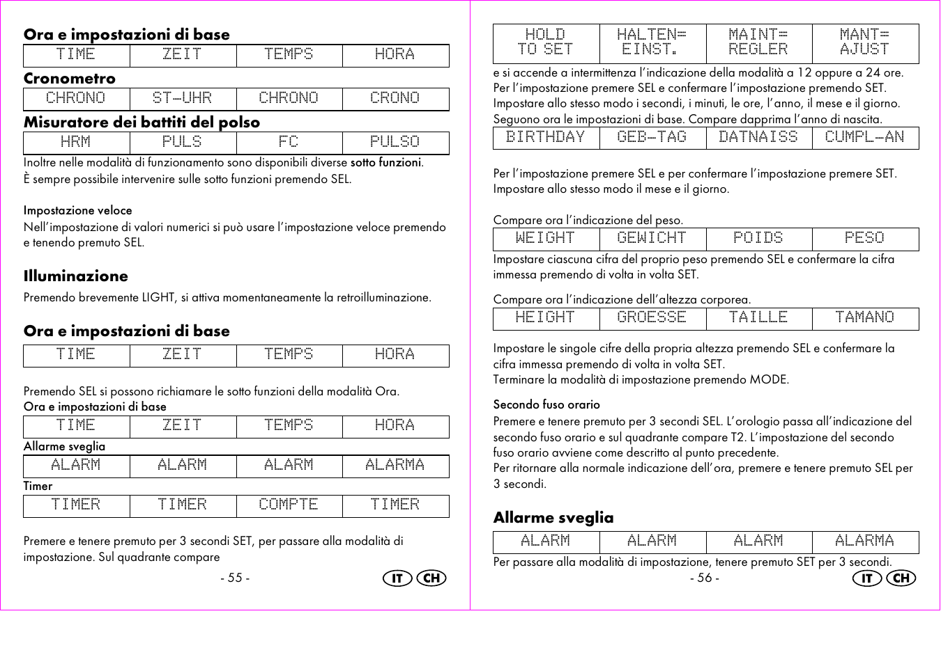 Ora e impostazioni di base, Cronometro, Misuratore dei battiti del polso | Illuminazione, Allarme sveglia | Crivit 1-LD3473 User Manual | Page 29 / 48