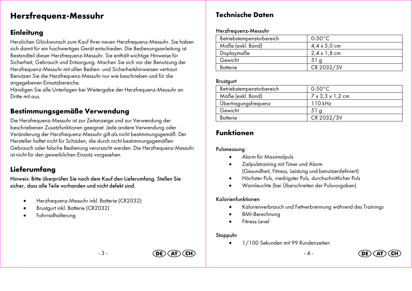 Herzfrequenz-messuhr, Einleitung, Bestimmungsgemäße verwendung | Lieferumfang, Technische daten, Funktionen | Crivit 1-LD3473 User Manual | Page 3 / 48