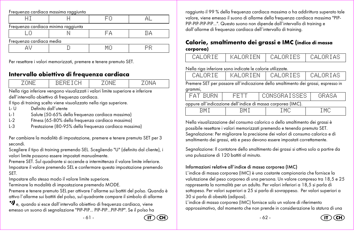 Intervallo obiettivo di frequenza cardiaca, Calorie, smaltimento dei grassi e imc | Crivit 1-LD3473 User Manual | Page 32 / 48