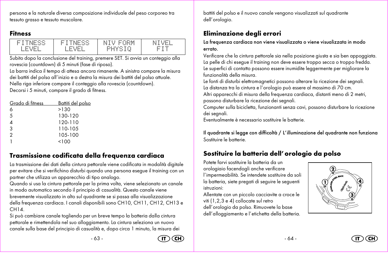 Fitness, Trasmissione codificata della frequenza cardiaca, Eliminazione degli errori | Sostituire la batteria dell’orologio da polso | Crivit 1-LD3473 User Manual | Page 33 / 48