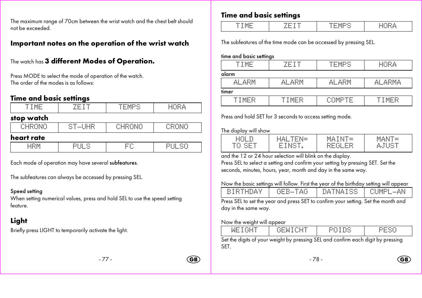 3 different modes of operation, Time and basic settings, Stop watch | Heart rate, Light | Crivit 1-LD3473 User Manual | Page 40 / 48