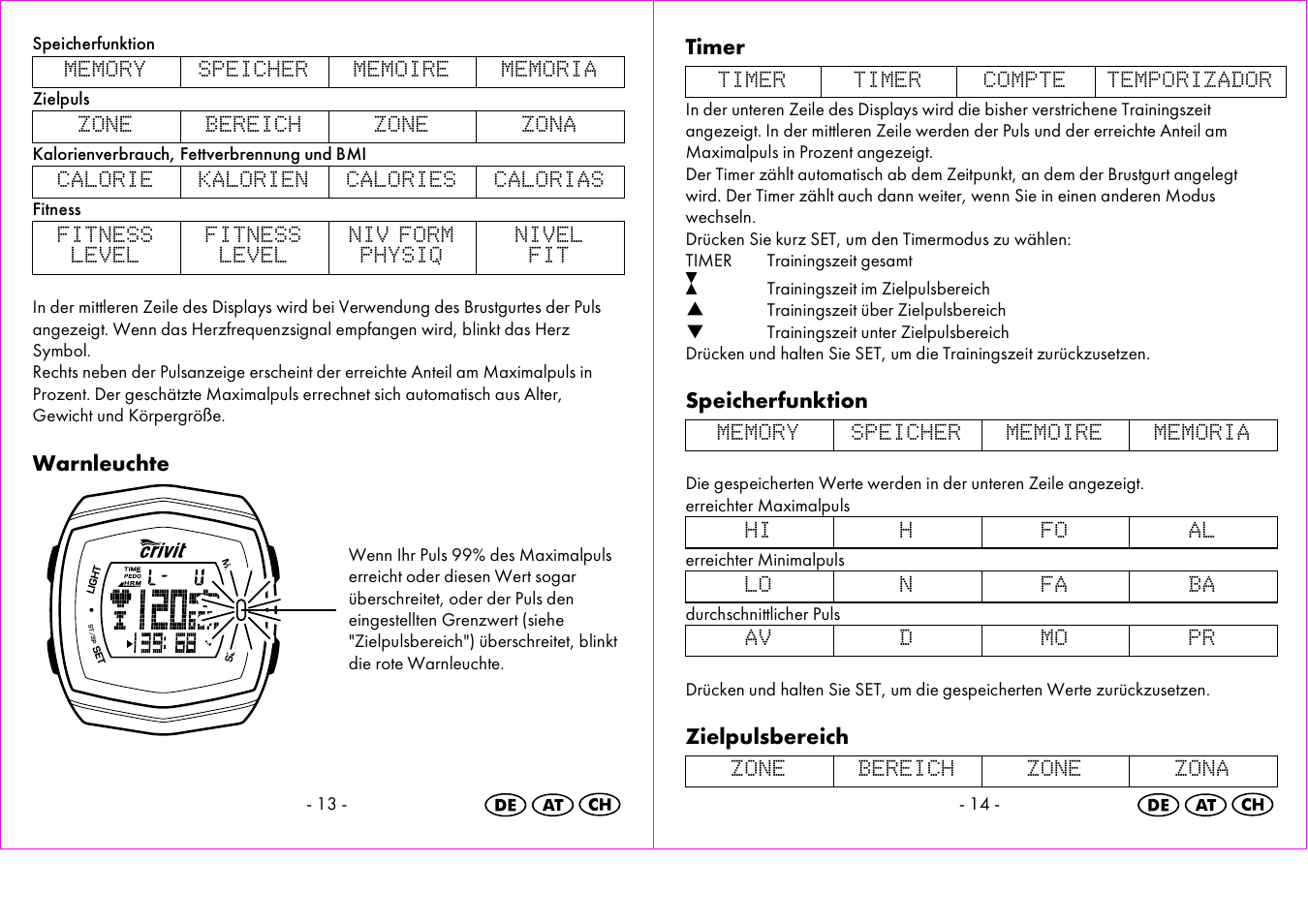 Warnleuchte, Timer, Speicherfunktion | Zielpulsbereich | Crivit 1-LD3473 User Manual | Page 8 / 48