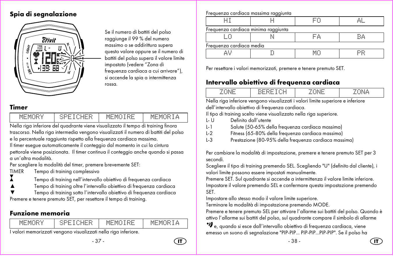 Spia di segnalazione, Timer, Intervallo obiettivo di frequenza cardiaca | Crivit 1-LD3473 User Manual | Page 20 / 60