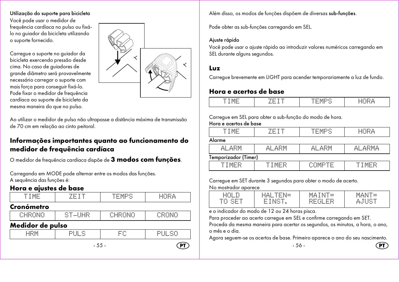 3 modos com funções, Hora e ajustes de base, Cronómetro | Medidor de pulso, Hora e acertos de base | Crivit 1-LD3473 User Manual | Page 29 / 60