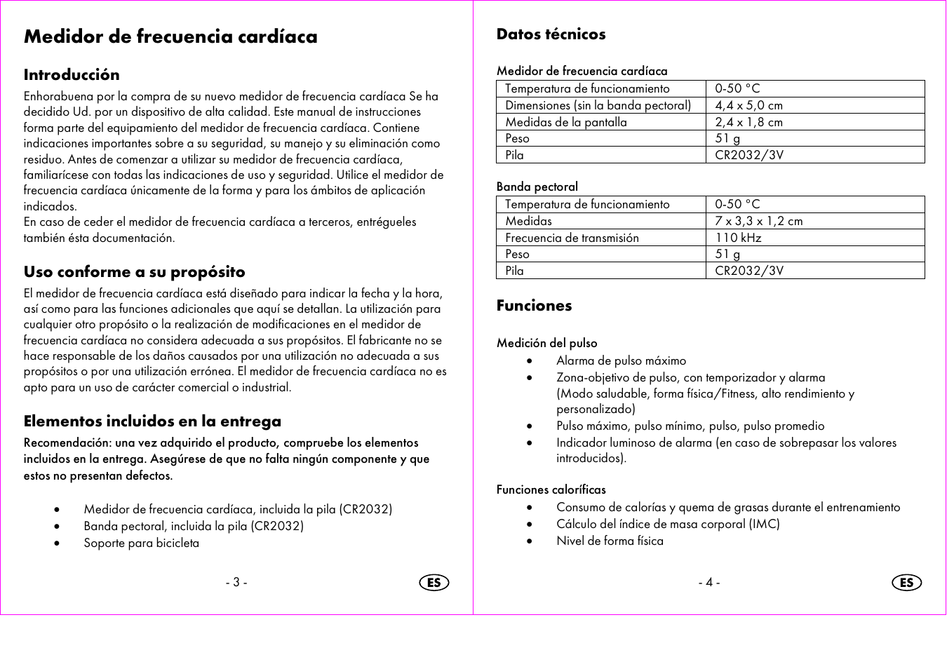 Medidor de frecuencia cardíaca, Introducción, Uso conforme a su propósito | Elementos incluidos en la entrega, Datos técnicos, Funciones | Crivit 1-LD3473 User Manual | Page 3 / 60