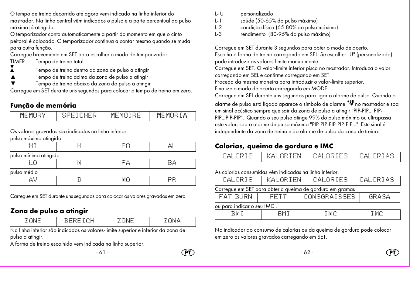 Função de memória, Zona de pulso a atingir, Calorias, queima de gordura e imc | Crivit 1-LD3473 User Manual | Page 32 / 60