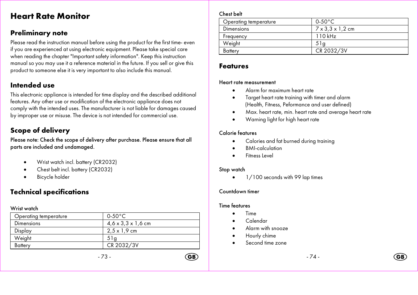 Heart rate monitor, Intended use, Scope of delivery | Technical specifications, Features | Crivit 1-LD3473 User Manual | Page 38 / 60