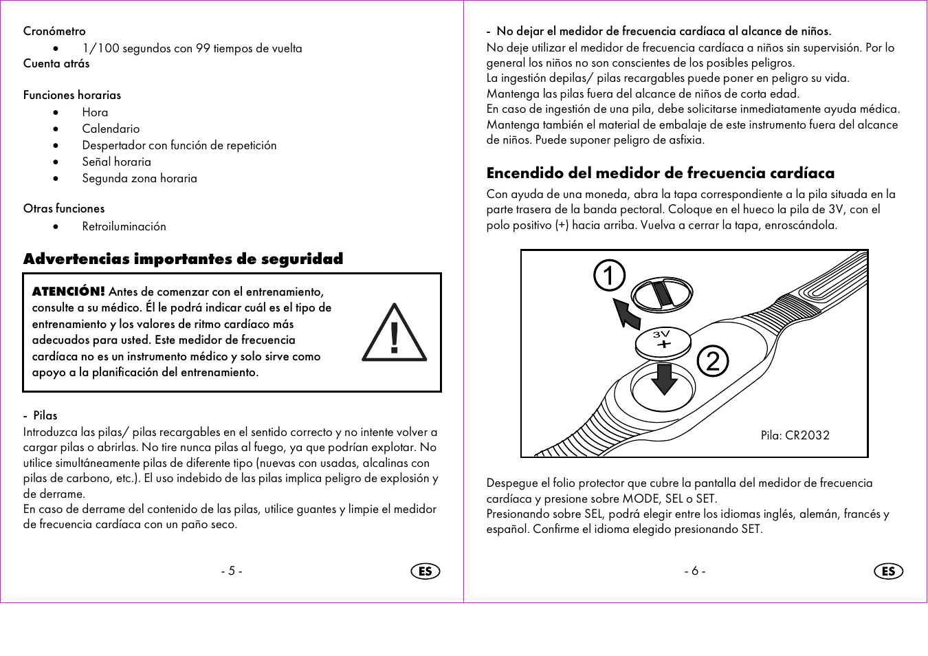 Advertencias importantes de seguridad, Encendido del medidor de frecuencia cardíaca | Crivit 1-LD3473 User Manual | Page 4 / 60