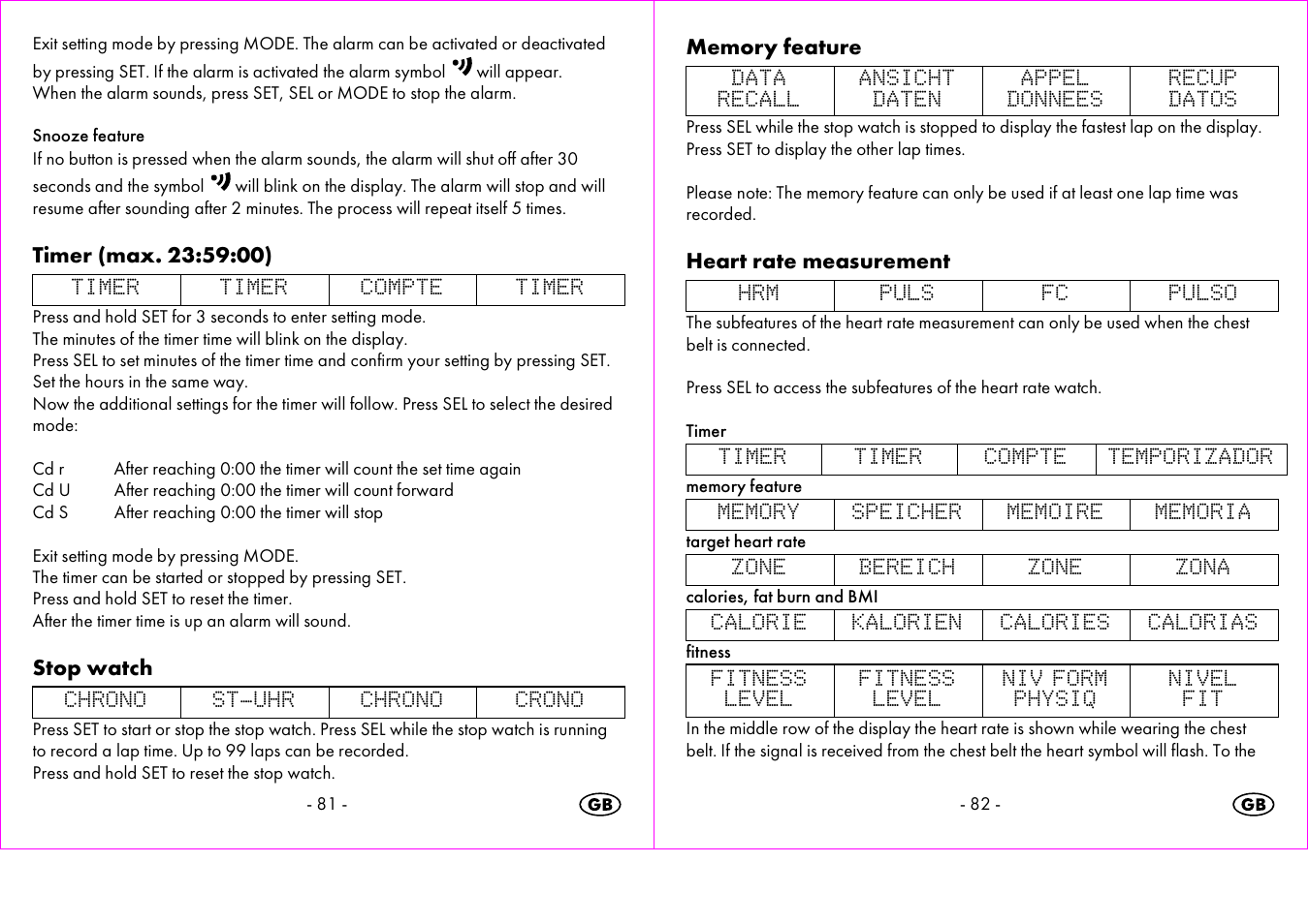 Stop watch, Heart rate measurement | Crivit 1-LD3473 User Manual | Page 42 / 60