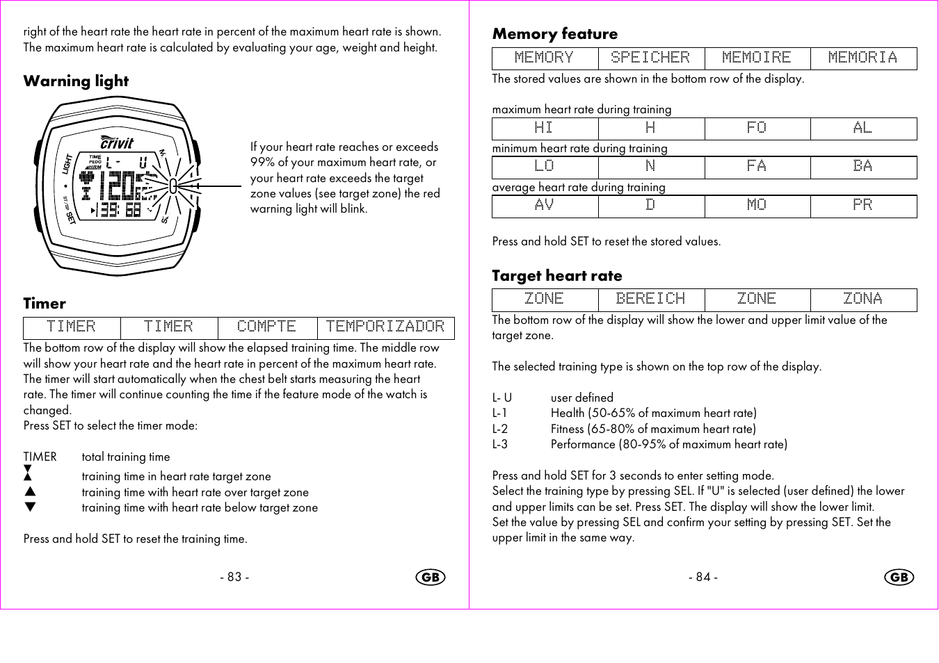 Warning light, Timer, Target heart rate | Crivit 1-LD3473 User Manual | Page 43 / 60