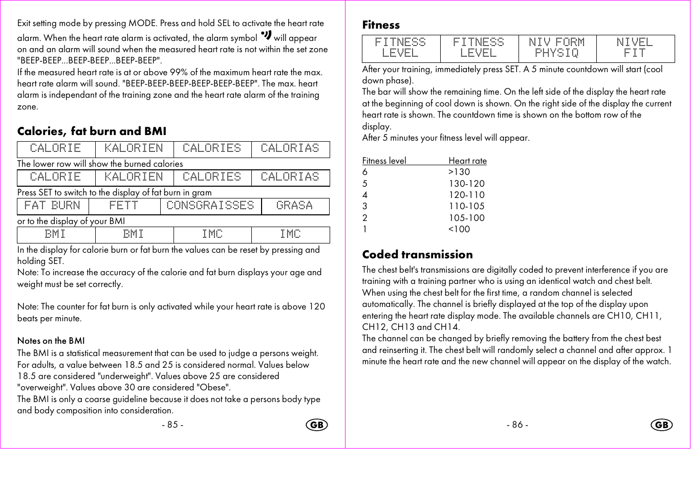 Calories, fat burn and bmi, Fitness, Coded transmission | Crivit 1-LD3473 User Manual | Page 44 / 60