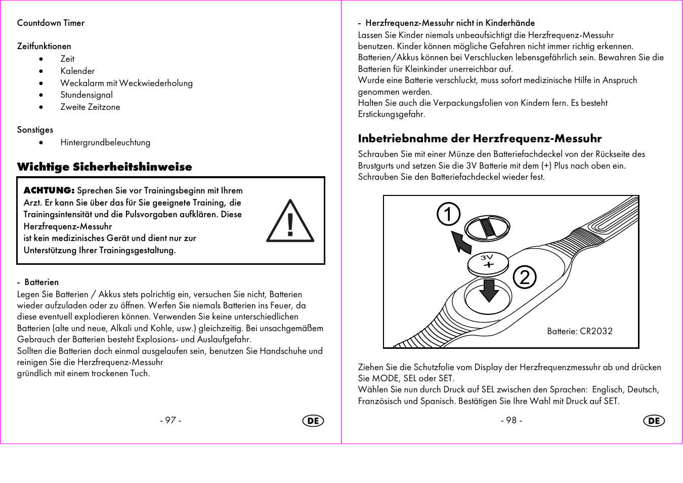 Wichtige sicherheitshinweise, Inbetriebnahme der herzfrequenz-messuhr | Crivit 1-LD3473 User Manual | Page 50 / 60