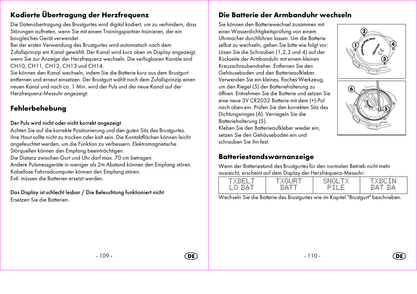 Kodierte übertragung der herzfrequenz, Fehlerbehebung, Die batterie der armbanduhr wechseln | Batteriestandswarnanzeige | Crivit 1-LD3473 User Manual | Page 56 / 60