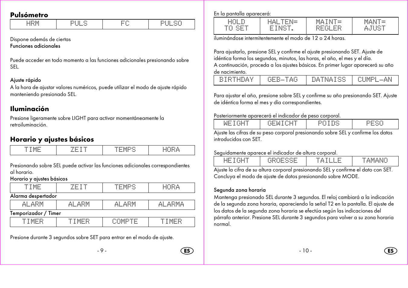 Pulsómetro, Iluminación, Horario y ajustes básicos | Crivit 1-LD3473 User Manual | Page 6 / 60