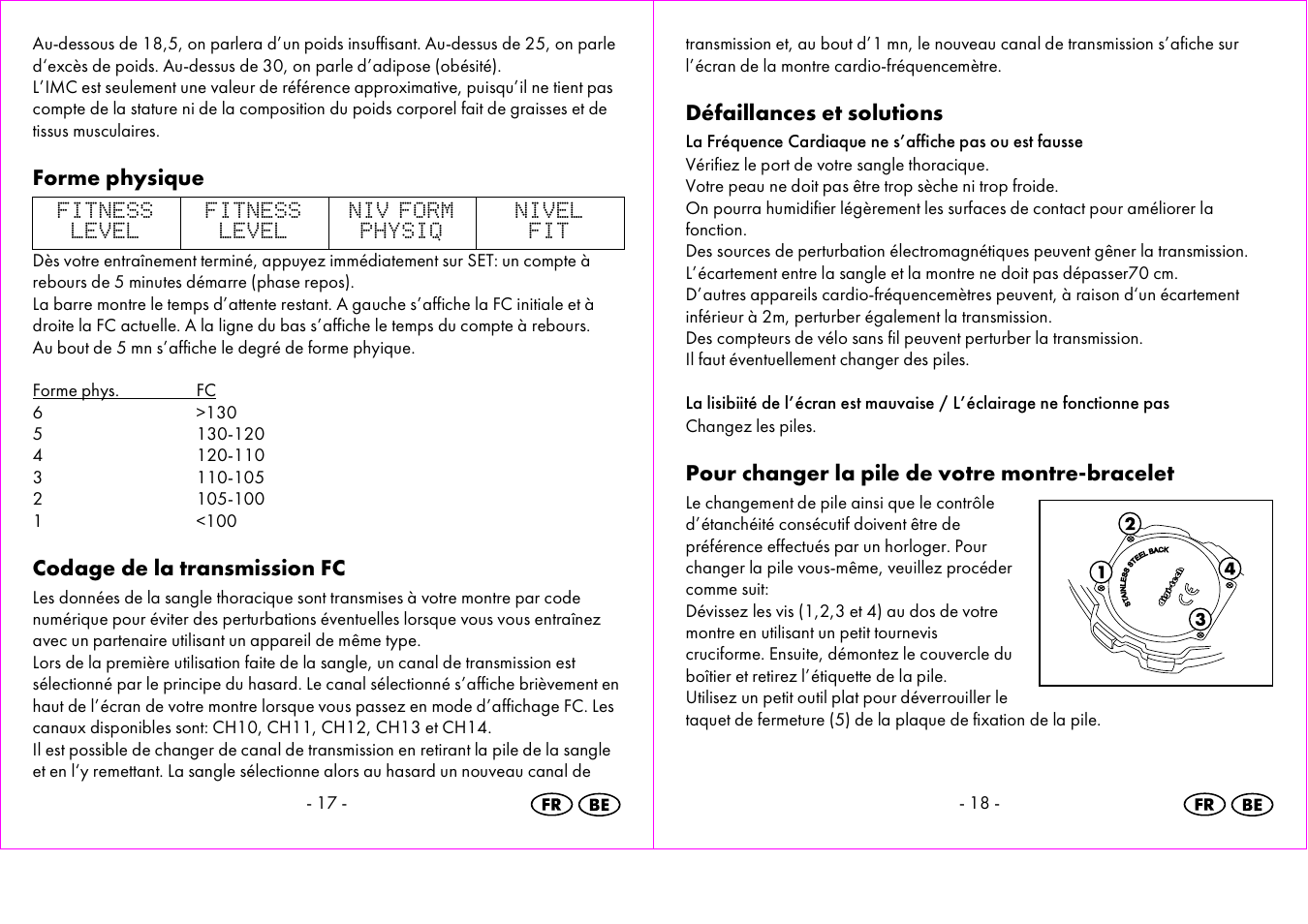 Forme physique, Codage de la transmission fc, Défaillances et solutions | Pour changer la pile de votre montre-bracelet | Crivit 1-LD3473 User Manual | Page 10 / 48