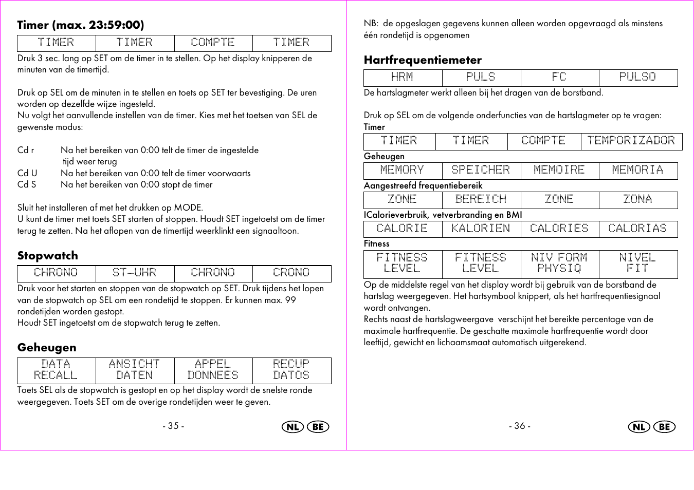 Stopwatch, Geheugen, Hartfrequentiemeter | Crivit 1-LD3473 User Manual | Page 19 / 48