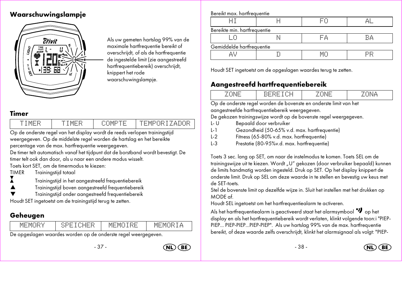 Waarschuwingslampje, Timer, Geheugen | Aangestreefd hartfrequentiebereik | Crivit 1-LD3473 User Manual | Page 20 / 48