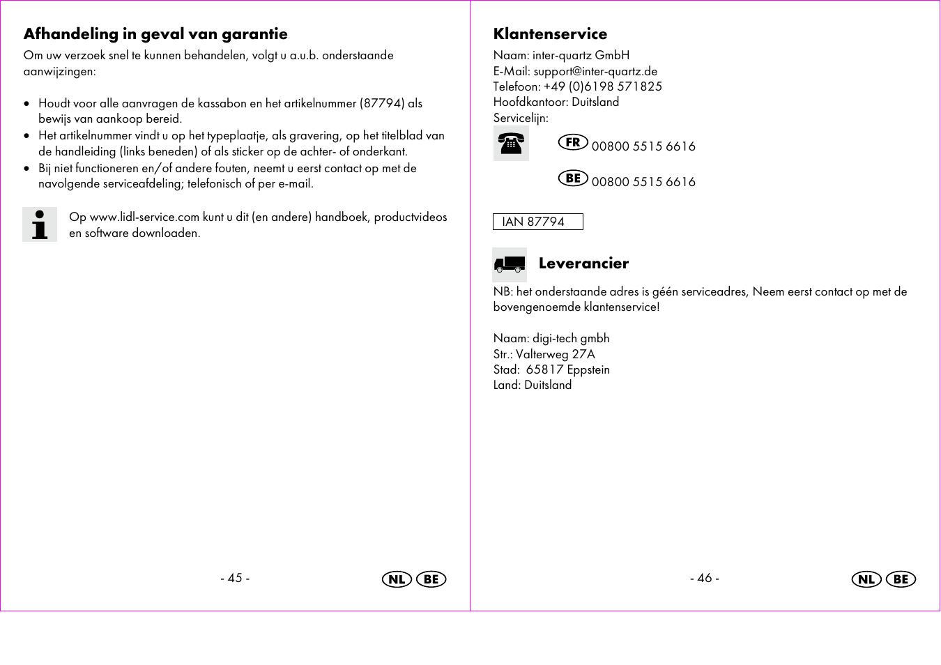 Afhandeling in geval van garantie, Klantenservice, Leverancier | Crivit 1-LD3473 User Manual | Page 24 / 48