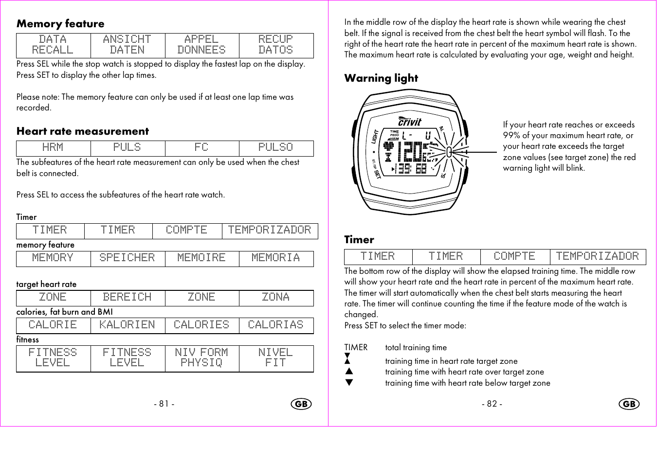 Heart rate measurement, Warning light, Timer | Crivit 1-LD3473 User Manual | Page 42 / 48