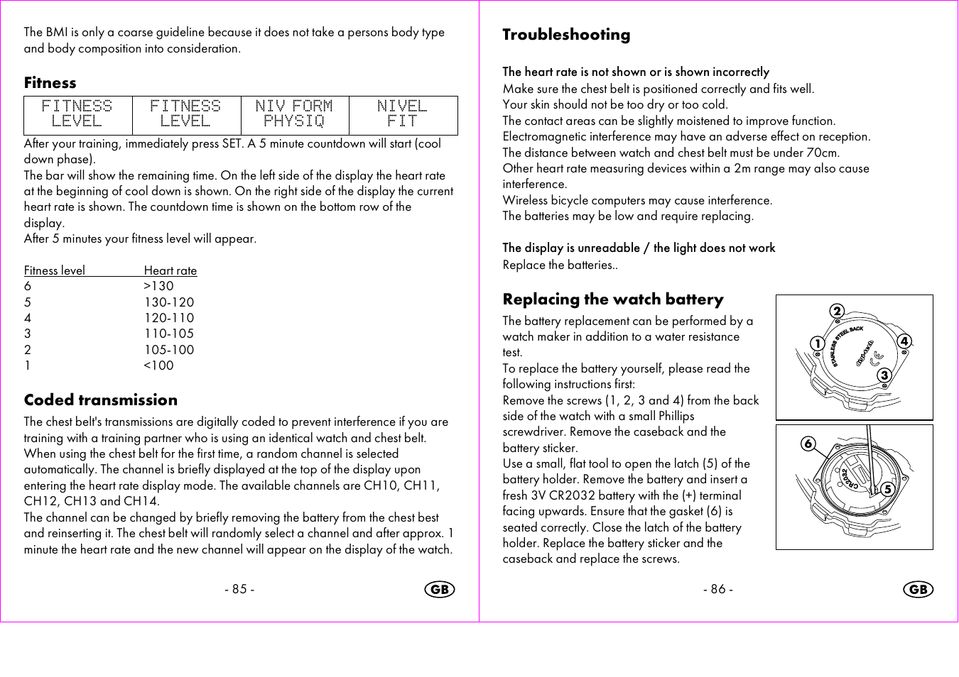 Fitness, Coded transmission, Troubleshooting | Replacing the watch battery | Crivit 1-LD3473 User Manual | Page 44 / 48