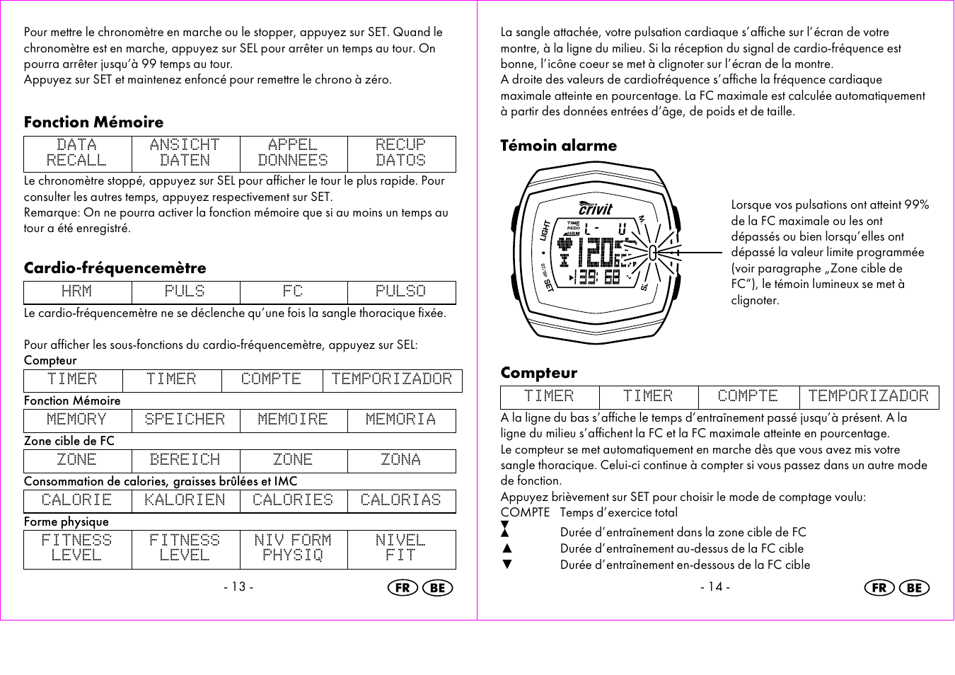 Fonction mémoire, Cardio-fréquencemètre, Témoin alarme | Compteur | Crivit 1-LD3473 User Manual | Page 8 / 48