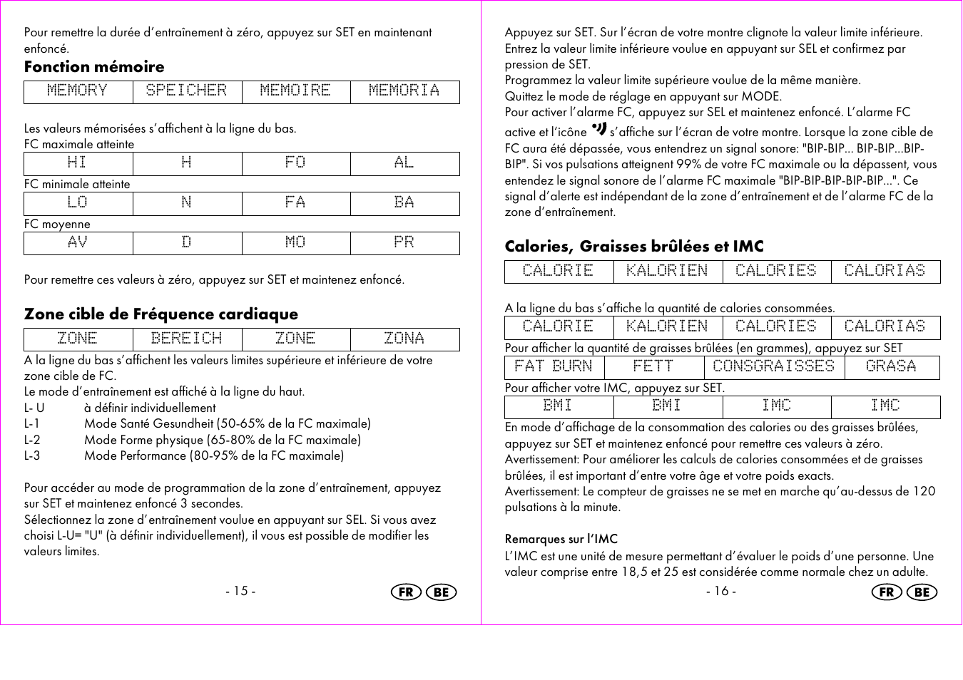 Fonction mémoire, Zone cible de fréquence cardiaque, Calories, graisses brûlées et imc | Crivit 1-LD3473 User Manual | Page 9 / 48