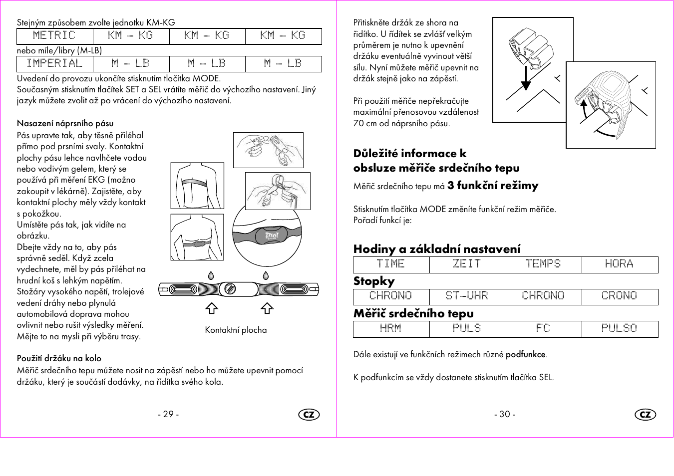 Hodiny a základní nastavení, Stopky, Měřič srdečního tepu | Crivit 1-LD3473 User Manual | Page 16 / 47