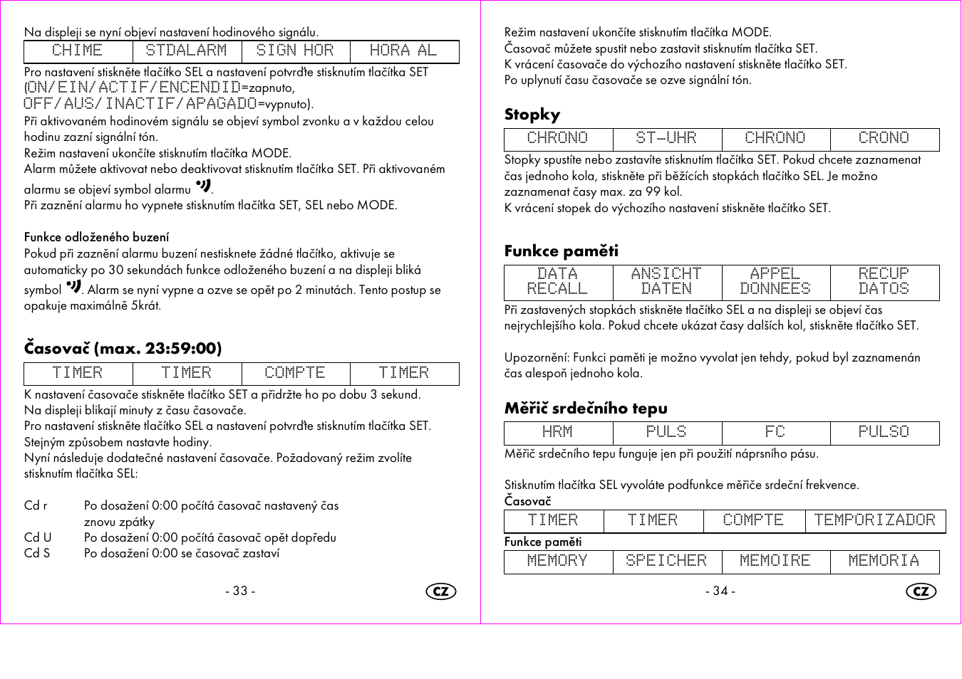 Stopky, Funkce paměti, Měřič srdečního tepu | Crivit 1-LD3473 User Manual | Page 18 / 47