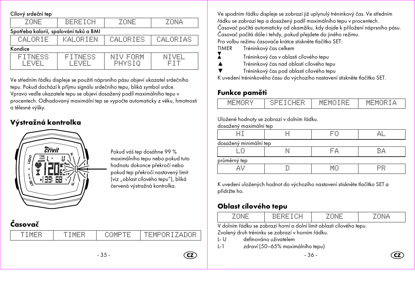 Výstražná kontrolka, Časovač, Funkce paměti | Oblast cílového tepu | Crivit 1-LD3473 User Manual | Page 19 / 47