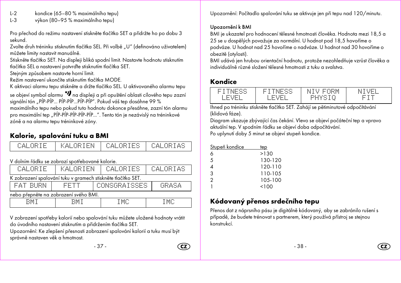 Kalorie, spalování tuku a bmi, Kondice, Kódovaný přenos srdečního tepu | Crivit 1-LD3473 User Manual | Page 20 / 47