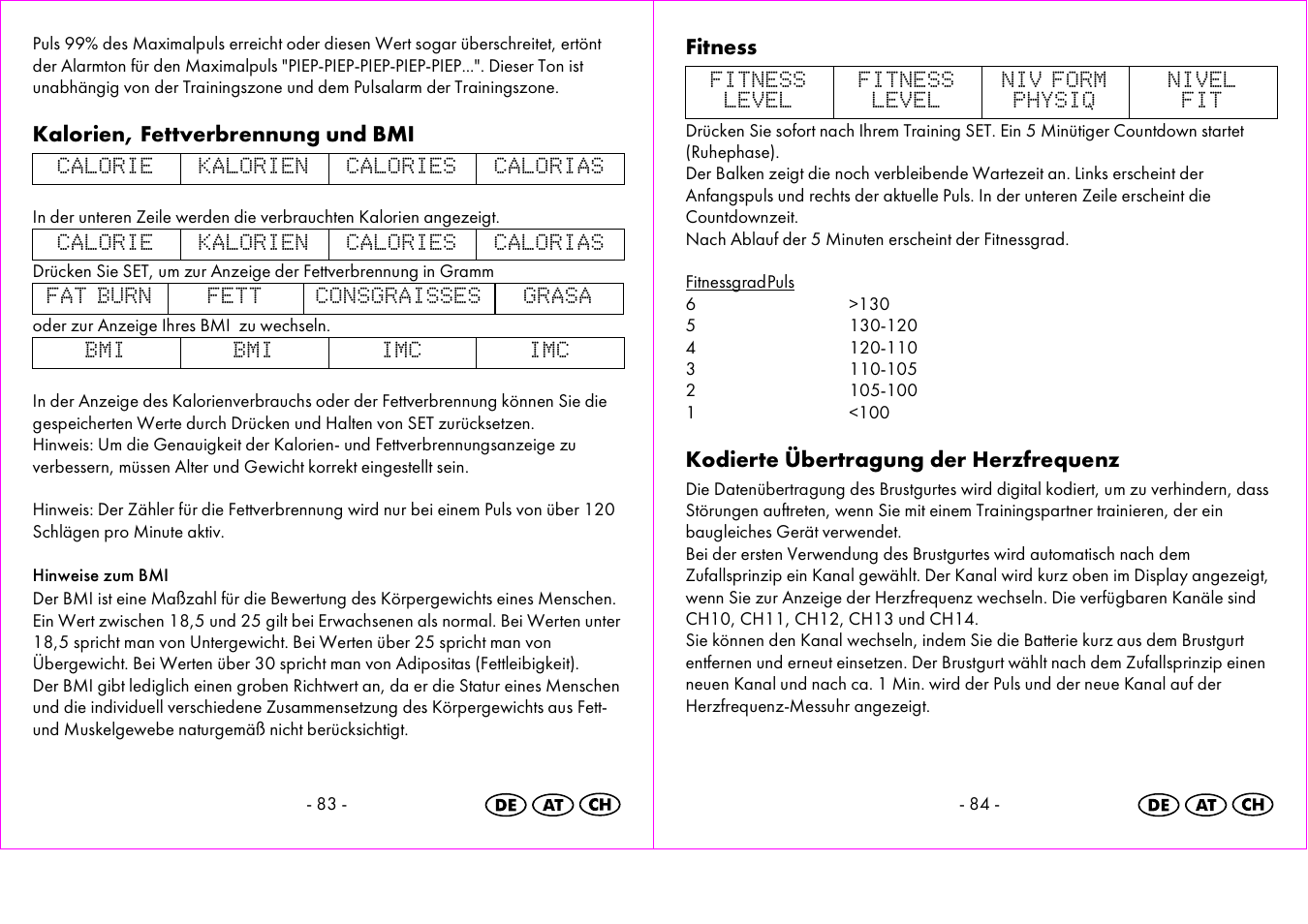 Kalorien, fettverbrennung und bmi, Fitness, Kodierte übertragung der herzfrequenz | Crivit 1-LD3473 User Manual | Page 43 / 47