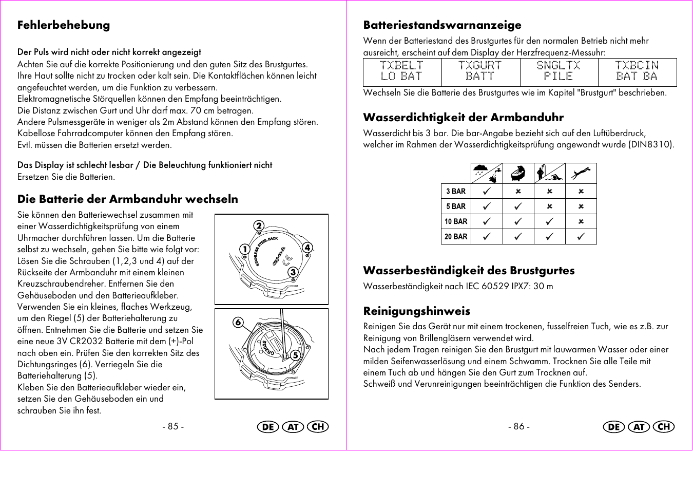 Fehlerbehebung, Die batterie der armbanduhr wechseln, Batteriestandswarnanzeige | Wasserdichtigkeit der armbanduhr, Wasserbeständigkeit des brustgurtes, Reinigungshinweis | Crivit 1-LD3473 User Manual | Page 44 / 47